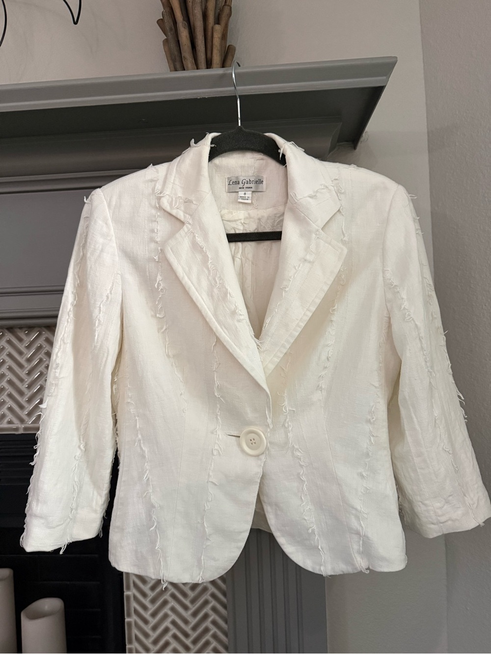 Lena Gabrielle Ivory Frayed-Trim Single-Button Blazer